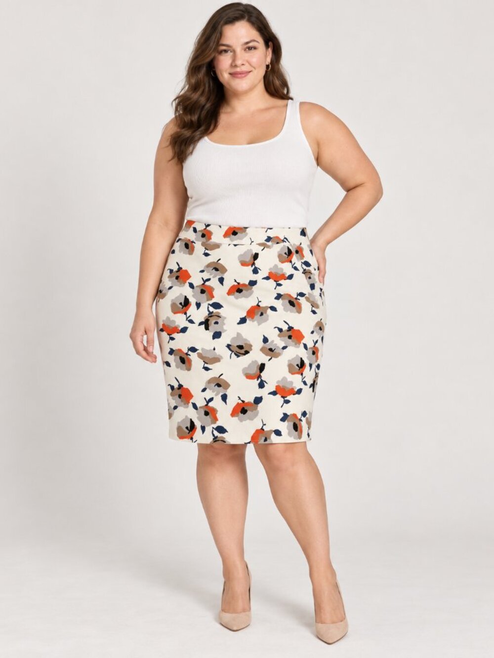 Nine West Size 14 Abstract Floral Lined Pencil Skirt Ivory Navy Orange